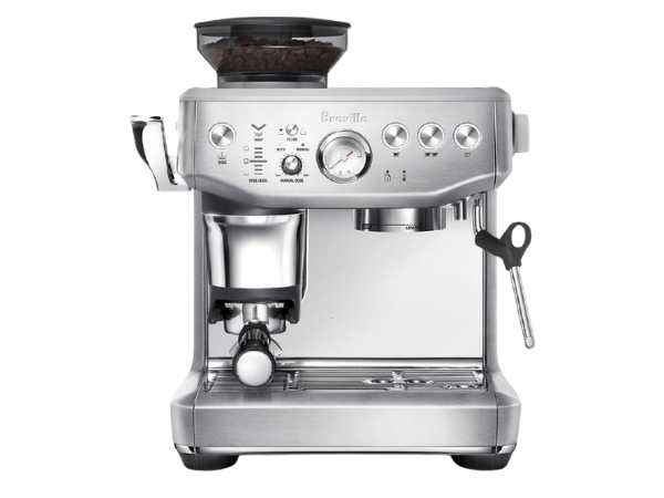 Breville Barista Express Impress espresso machine with built-in grinder in brushed stainless steel