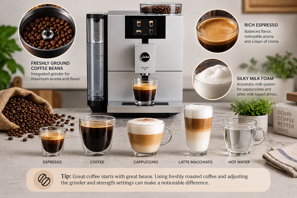 Jura ENA 8 coffee quality with freshly ground beans, espresso, cappuccino, latte macchiato and milk foam
