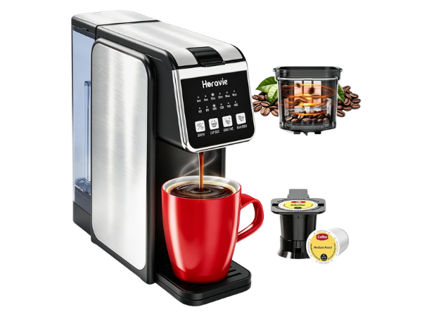 Horavie single serve coffee maker with built-in grinder