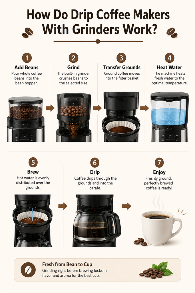 How drip coffee makers with grinders work from beans to freshly brewed coffee