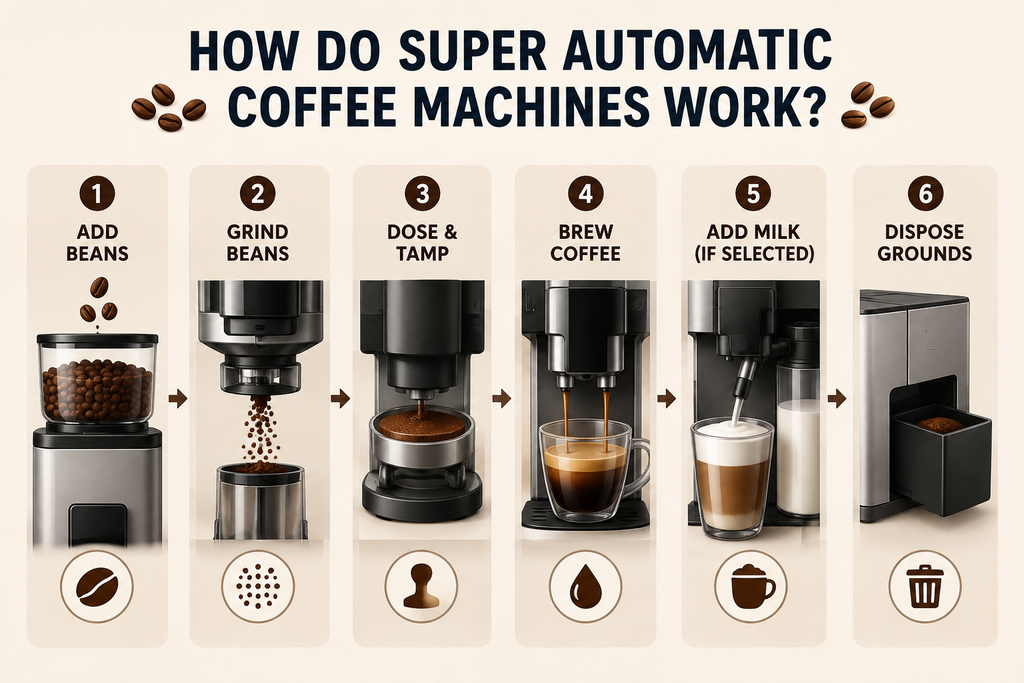 How super automatic coffee machines work: add beans, grind them, dose and tamp the coffee, brew, add milk if selected, and dispose of used grounds.