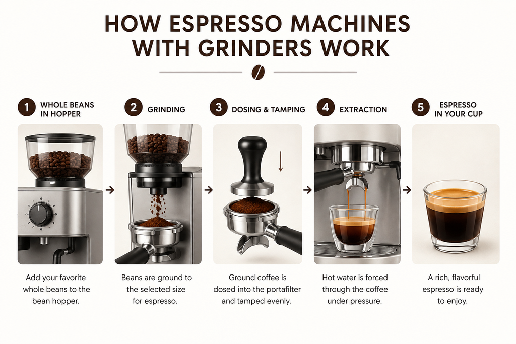 How espresso machines with built-in grinders work, from grinding whole beans and dosing coffee to pressure extraction and serving espresso