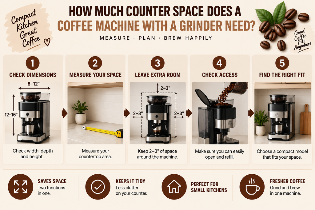 How much counter space a coffee machine with a grinder needs, with tips for measuring dimensions, leaving clearance, checking access, and choosing a compact model for a small kitchen.