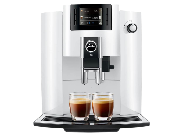 JURA E6 automatic espresso machine in Piano White