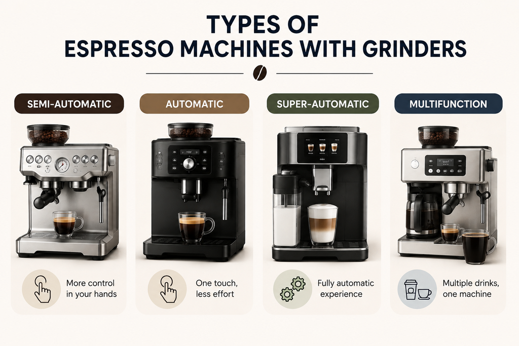 Types of espresso machines with built-in grinders, including semi-automatic, automatic, super-automatic, and multifunction models