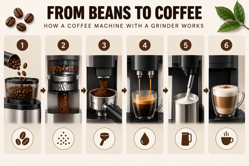 How a coffee machine with a grinder works, from grinding whole beans to brewing and frothing milk
