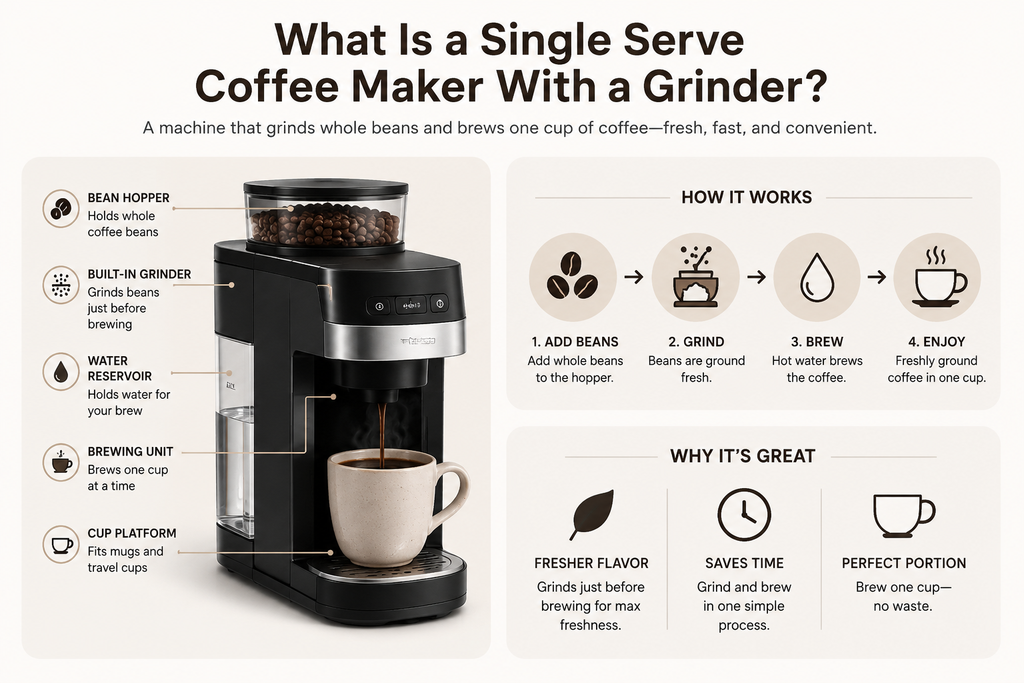 Single serve coffee maker with a built-in grinder, showing how whole beans are ground and brewed into one fresh cup of coffee.